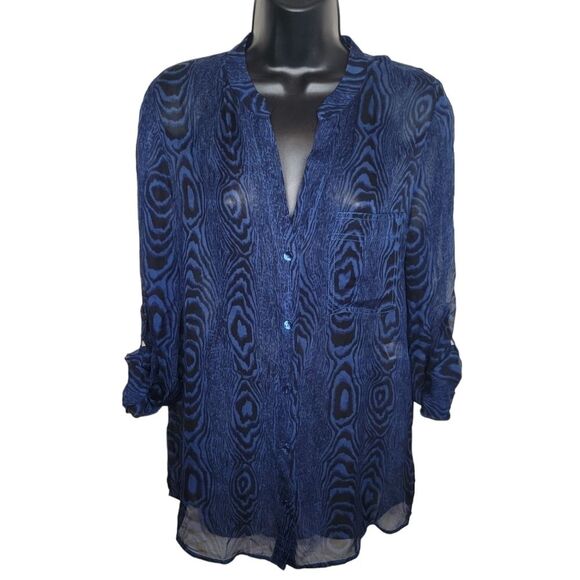 Diane von Furstenberg Dark Blue & Black Woodgrain Print Silk blouse top size 8 - Picture 2 of 10